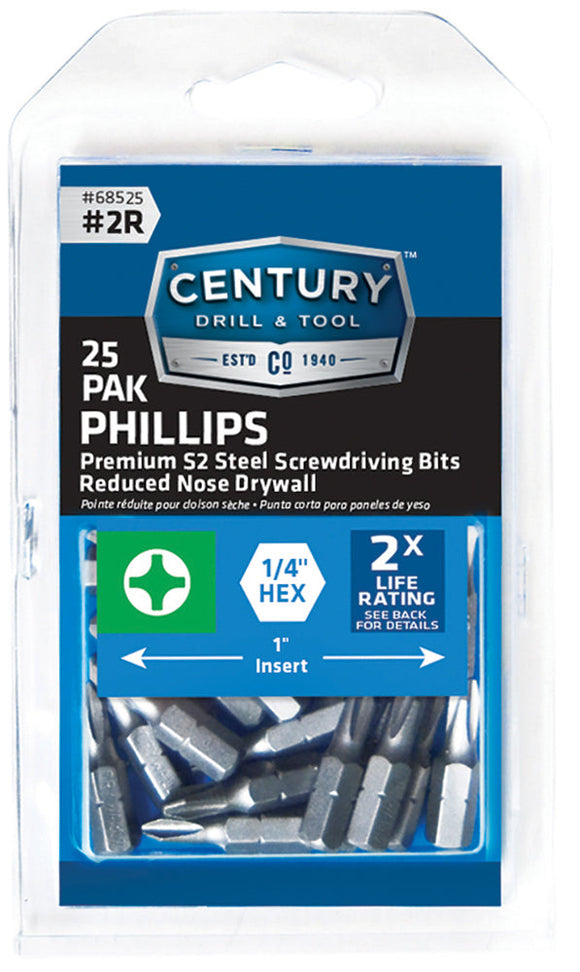 Century Drill And Tool Drywall Screwdriver Bit #2r Insert 1″ S2 Steel 25 Pack