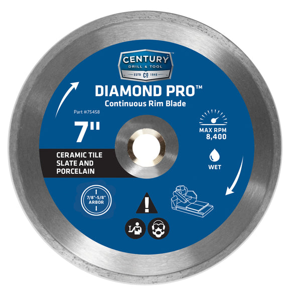 Century Drill And Tool Diamond Continuous Rim 7″ Saw Blade 7/8″ Arbor 5/8″ Adapter Wet Cut